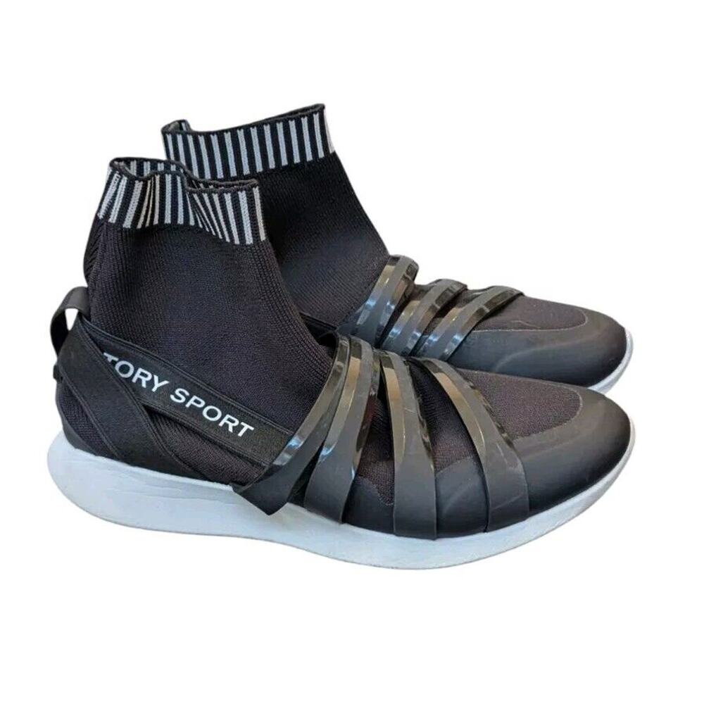 Tory Burch Sport Banner Performance Sneaker Women 7 Black White Sock Shoes Boots